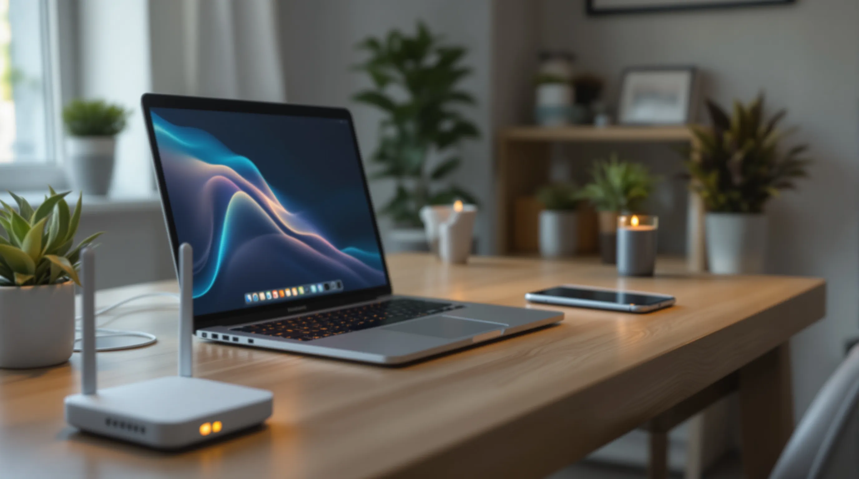 Multiple connected devices including a laptop, smartphone, and tablet on a home desk next to a glowing router, illustrating multi-device home internet connectivity used for bandwidth sharing