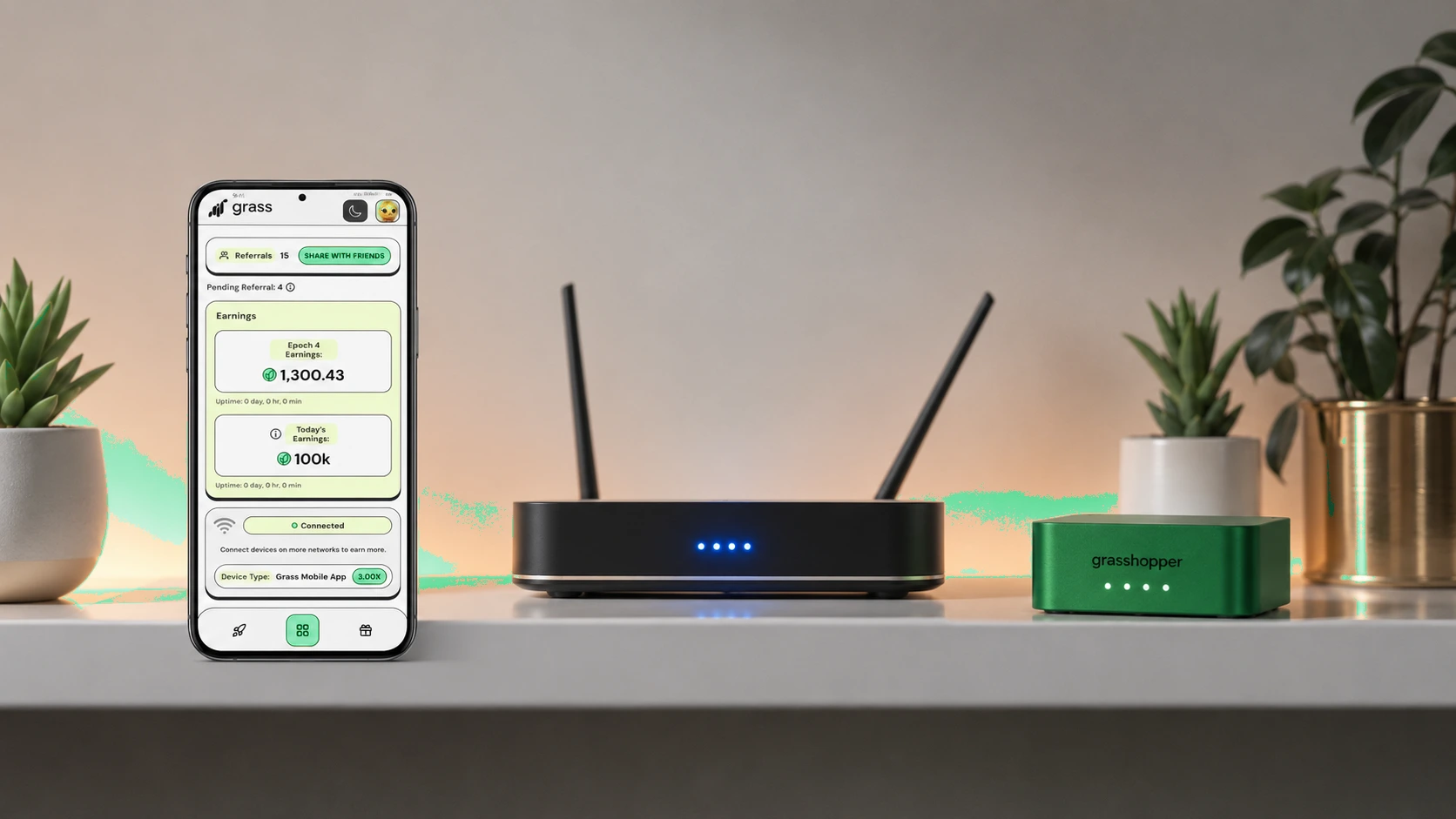 Home router and smartphone showing bandwidth sharing app controls and usage statistics
