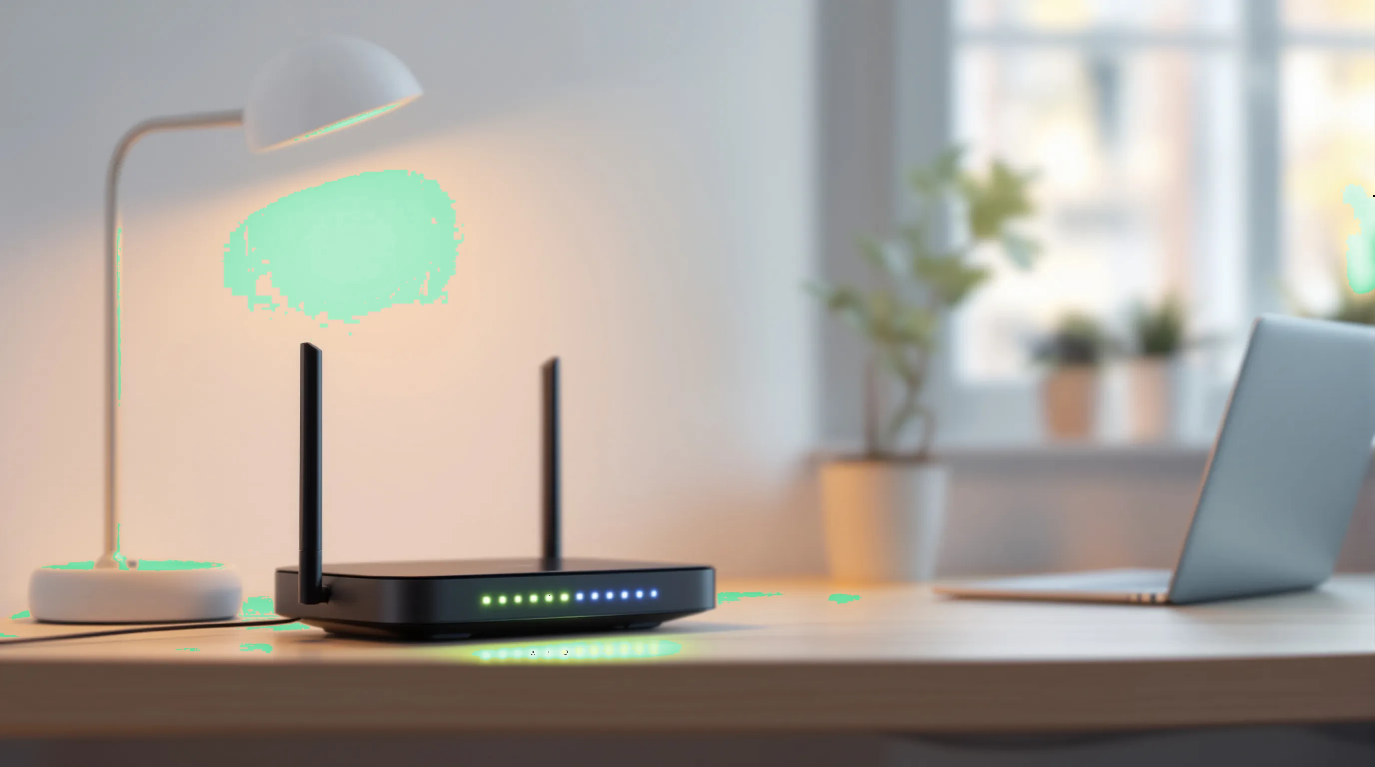 Wireless router glowing on a home office desk beside a laptop, representing idle internet bandwidth available for contribution to a distributed network.